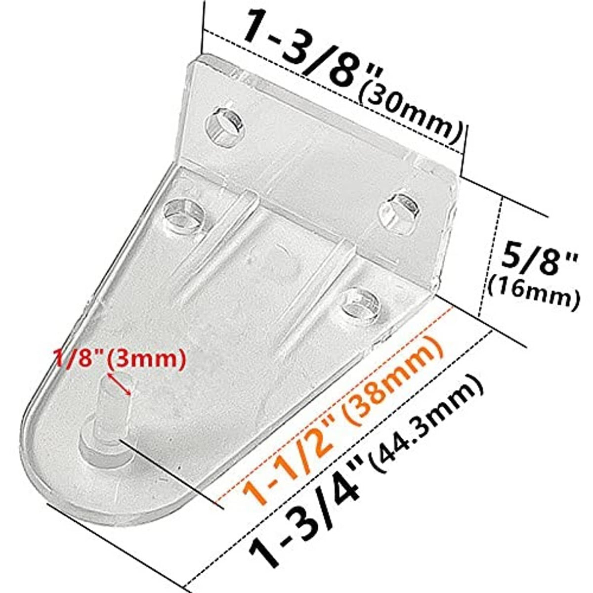 Clear hold-down bracket close-up with screw holes and side mounting slot