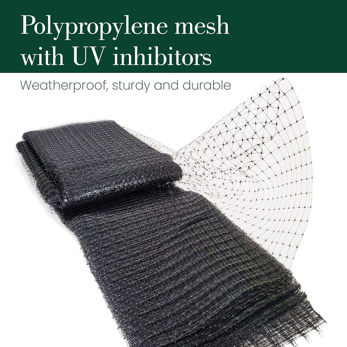 Folded polypropylene deer netting with white mesh and dark gray roll edge