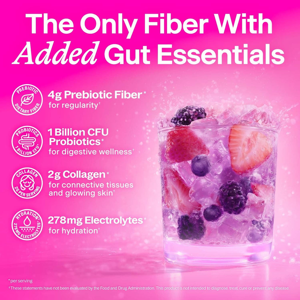 Clear glass filled with purple berry fiber and probiotic drink