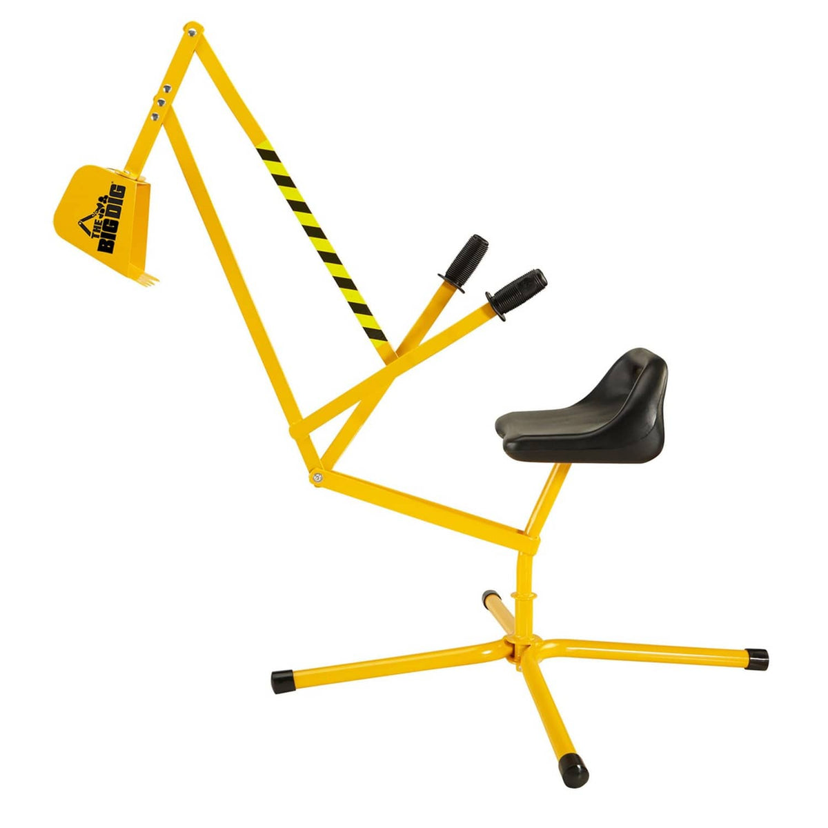 Yellow 360-rotation excavator digger playset with digging arm, bucket, and black seat.