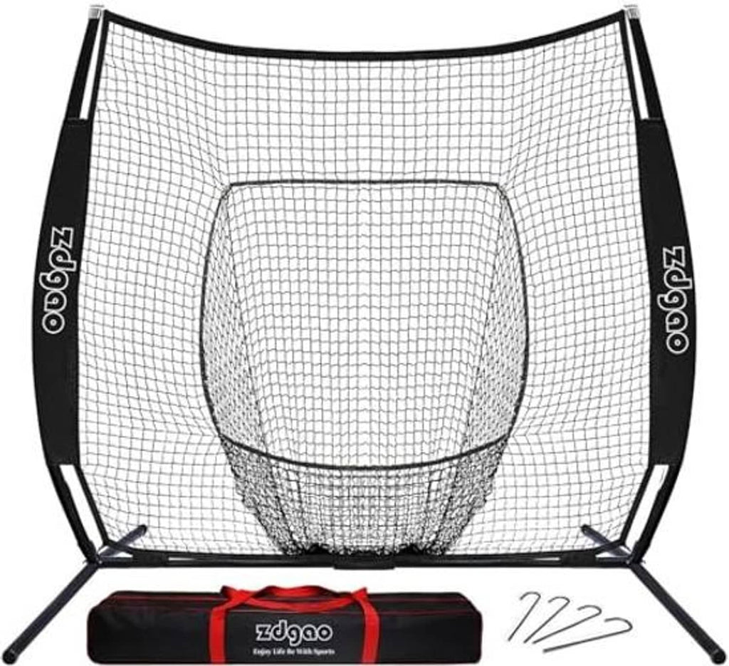 7x7 ft baseball practice net with white mesh, black frame, ground stakes and bag