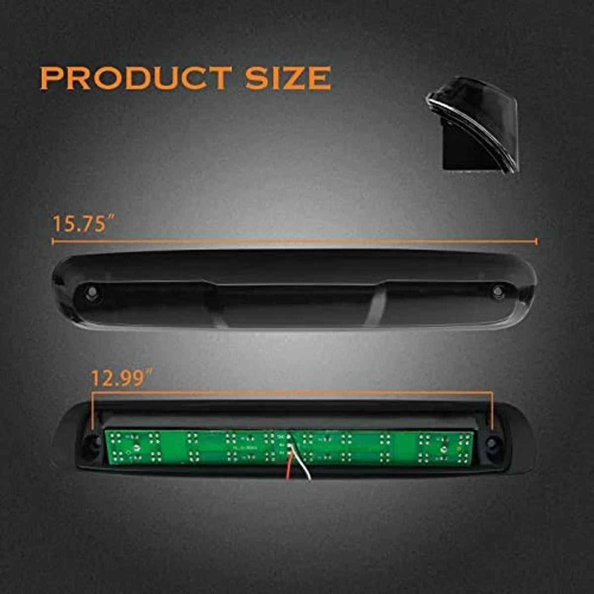 LED high mount stop light with dimensions shown and exposed internal circuit panel