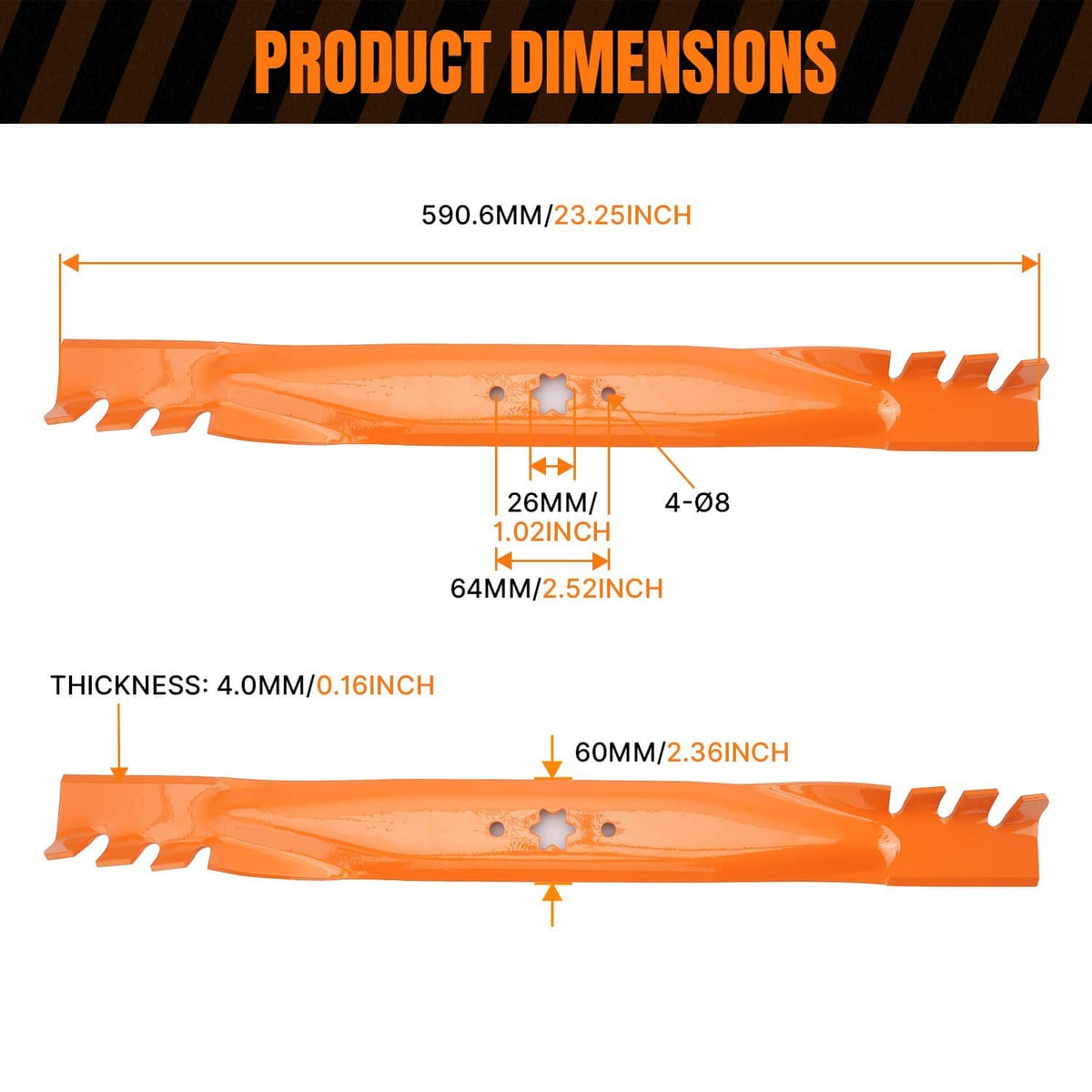 Orange 46 in mower blades, 6-point star mount, with tooth notches