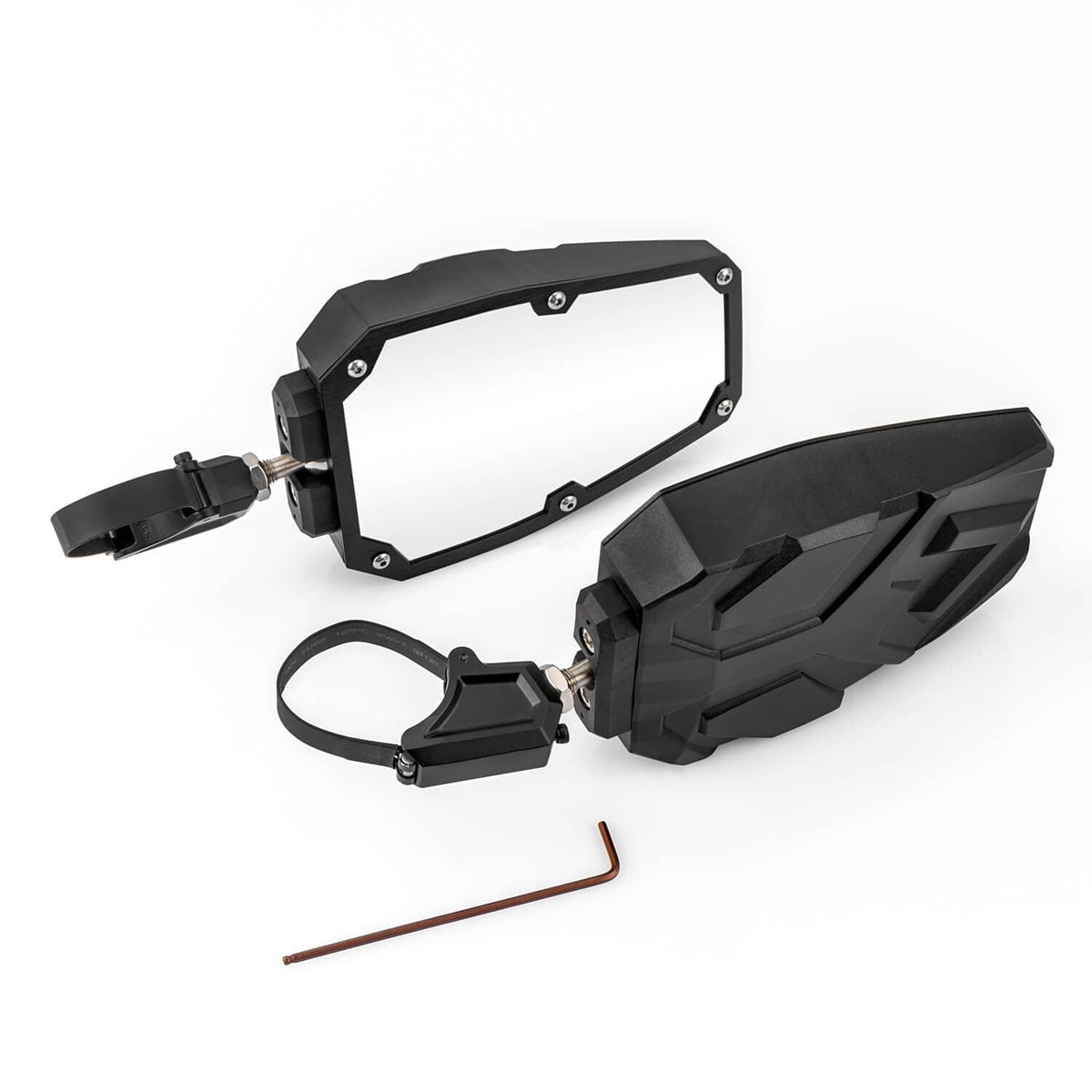 UTV side mirror set with black rectangular frame, protective housing, and strap mount