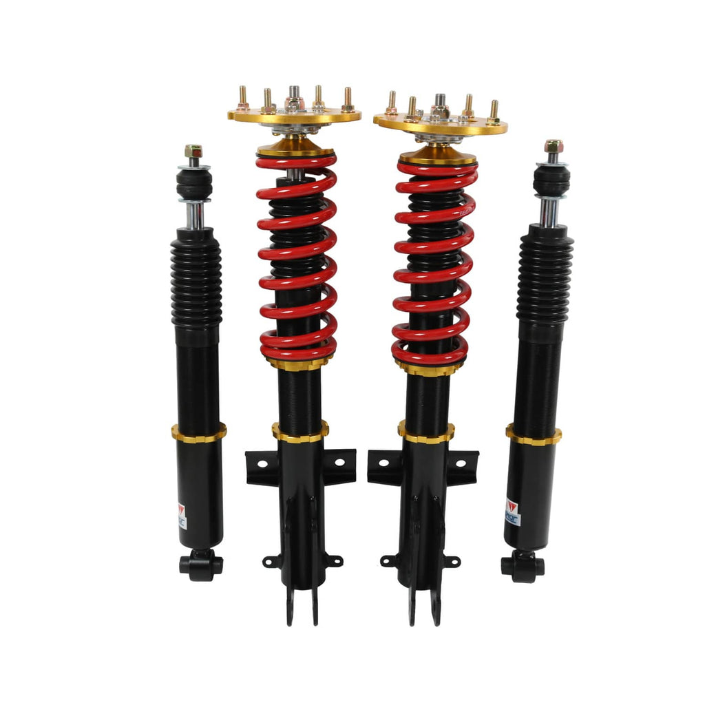 Four-piece coilover strut set with black shocks, red springs, and gold adjustment caps