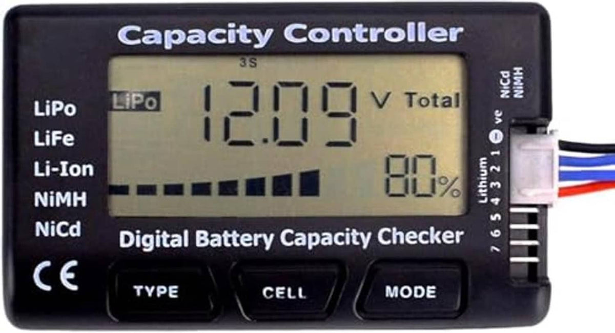 Black digital battery capacity controller with LCD display, buttons, and side connector pins