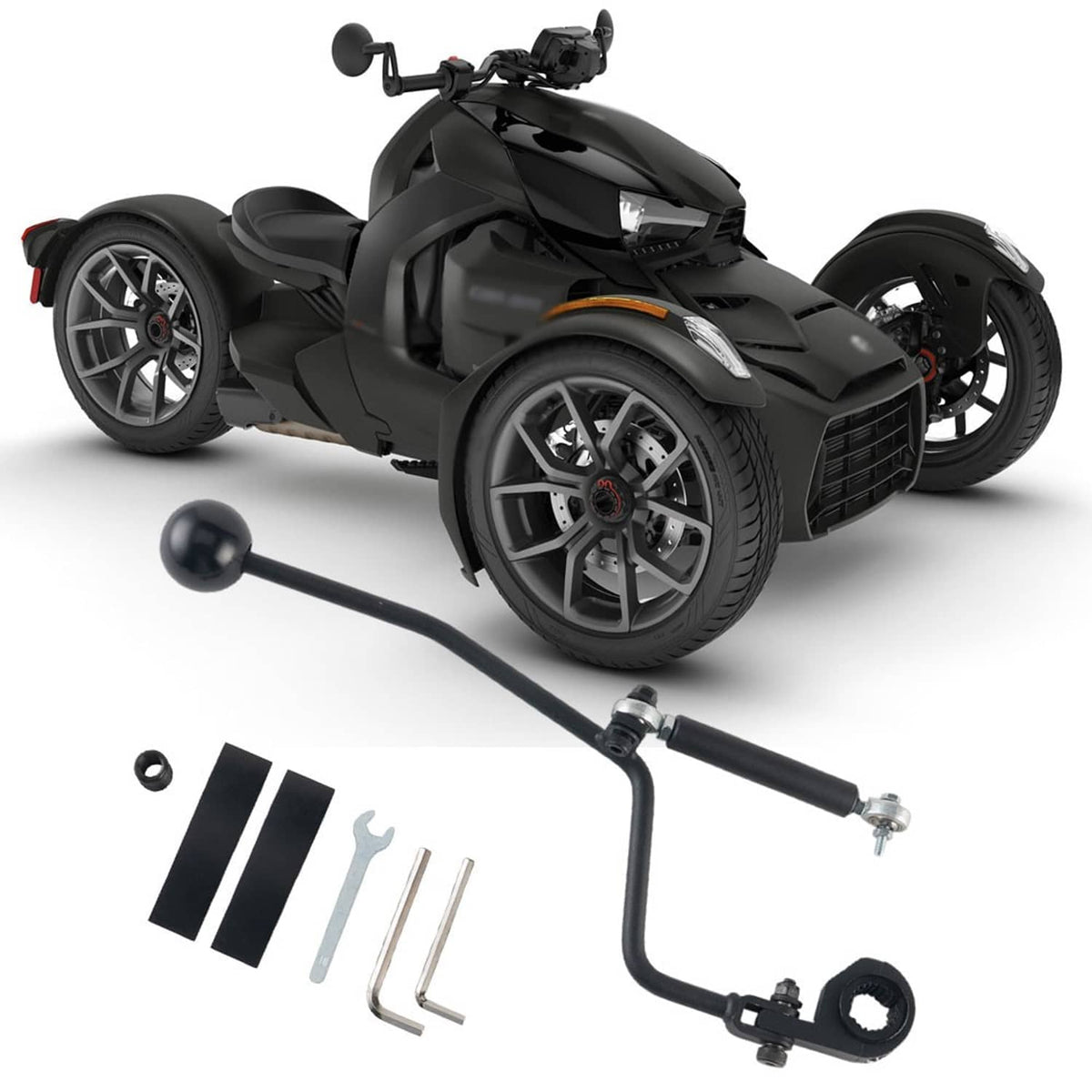 Gear shift linkage kit with black lever, mounting bracket, bolts, and Allen keys