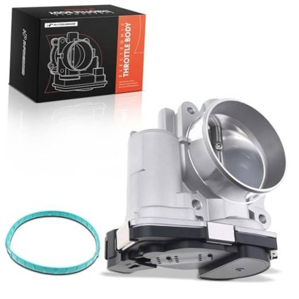 Electronic throttle body, silver housing with black mounting base and gasket ring