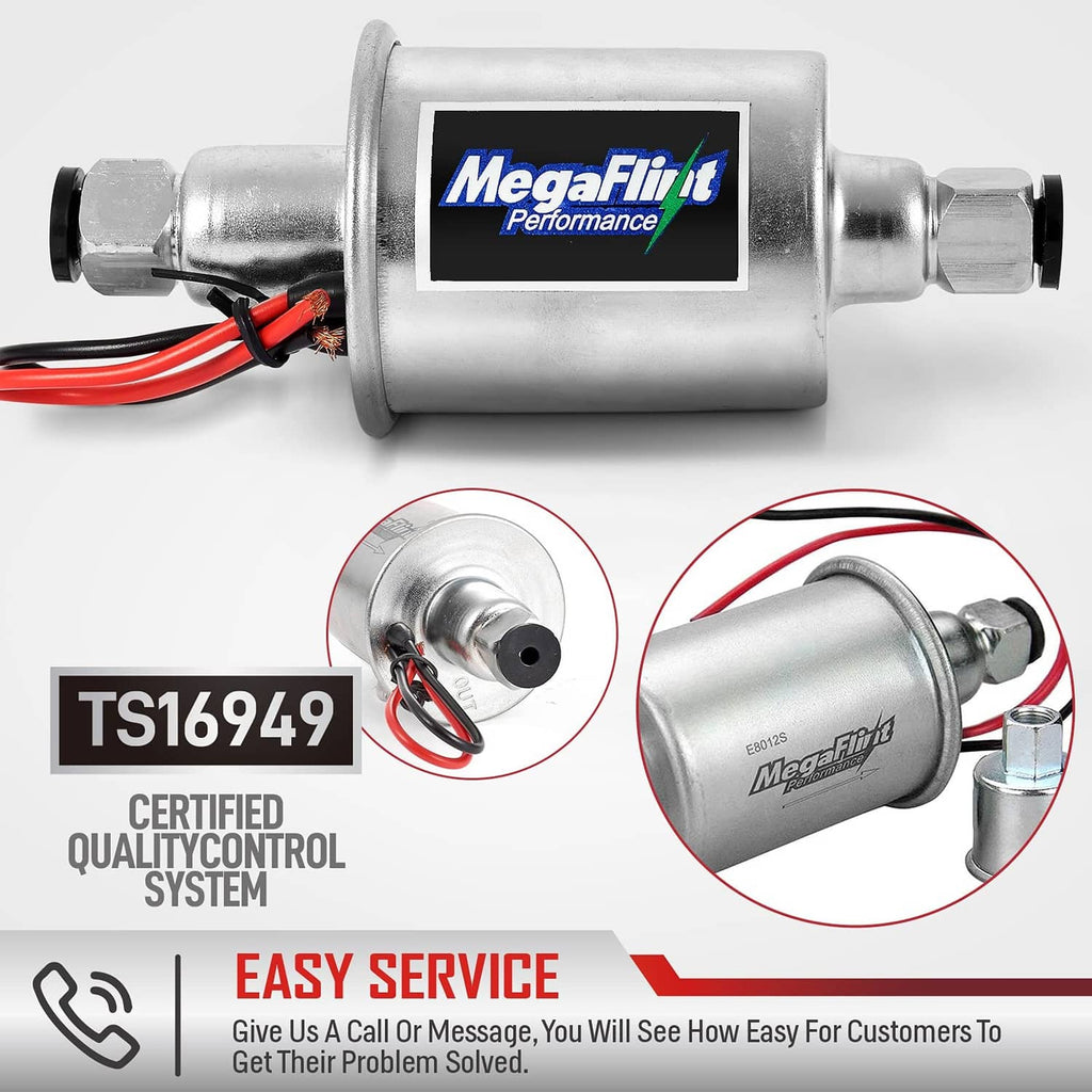 Electric inline fuel pump kit with fittings and clamps shown