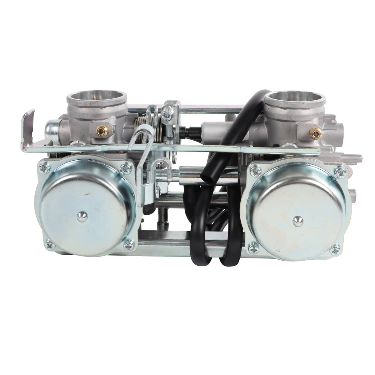 Dual carburetor assembly side view with two round air inlets and metal linkage