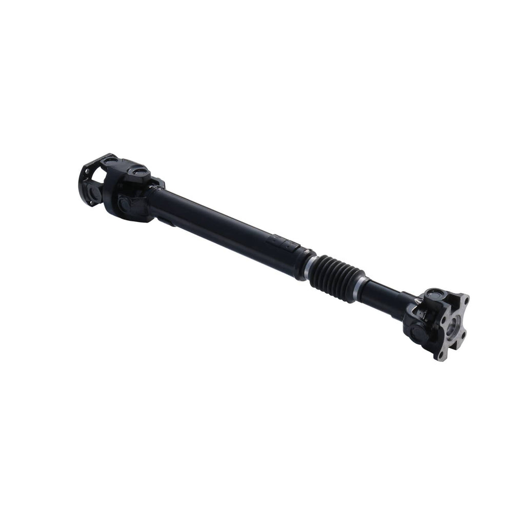 Front drive shaft assembly angled view with ribbed center section and end yokes