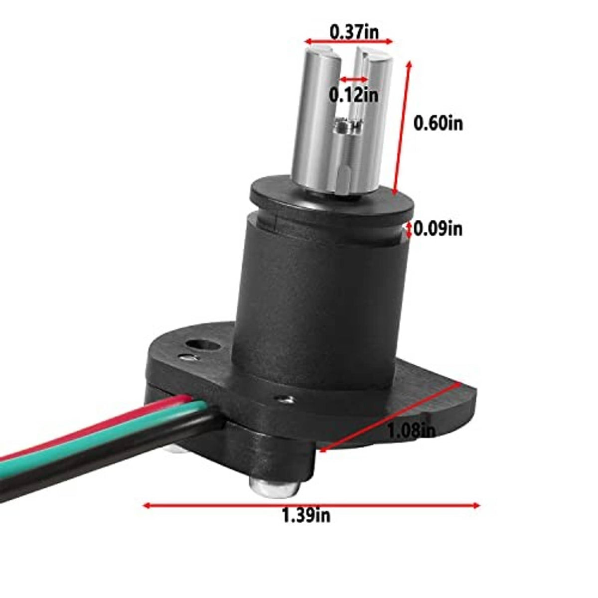 Black plastic sensor base with metal probe and color wire leads, with dimension markers