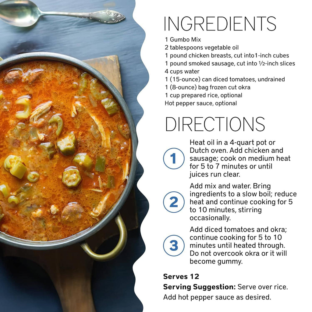 Pot of orange-brown gumbo with green okra, sausage, and a serving spoon on top