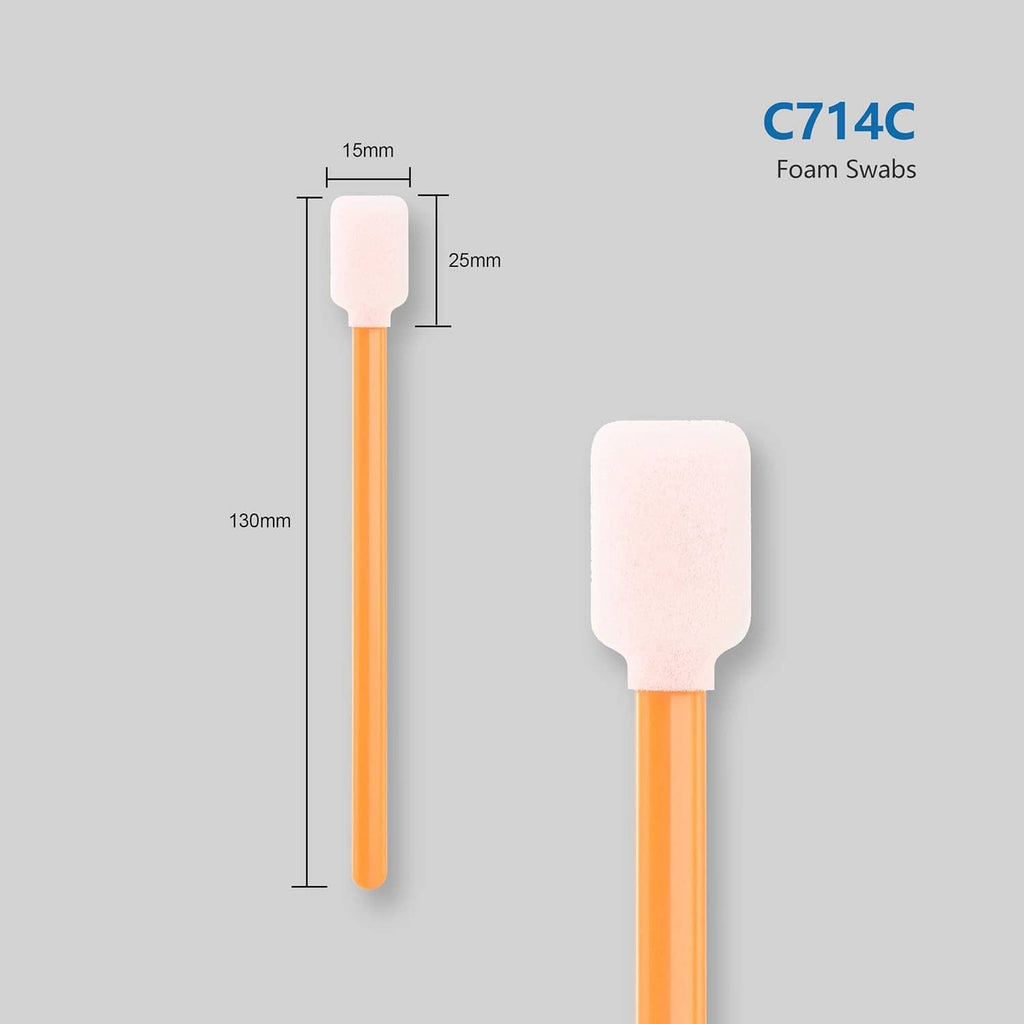 Orange foam swab with large white rectangular tip; side view with size markers.