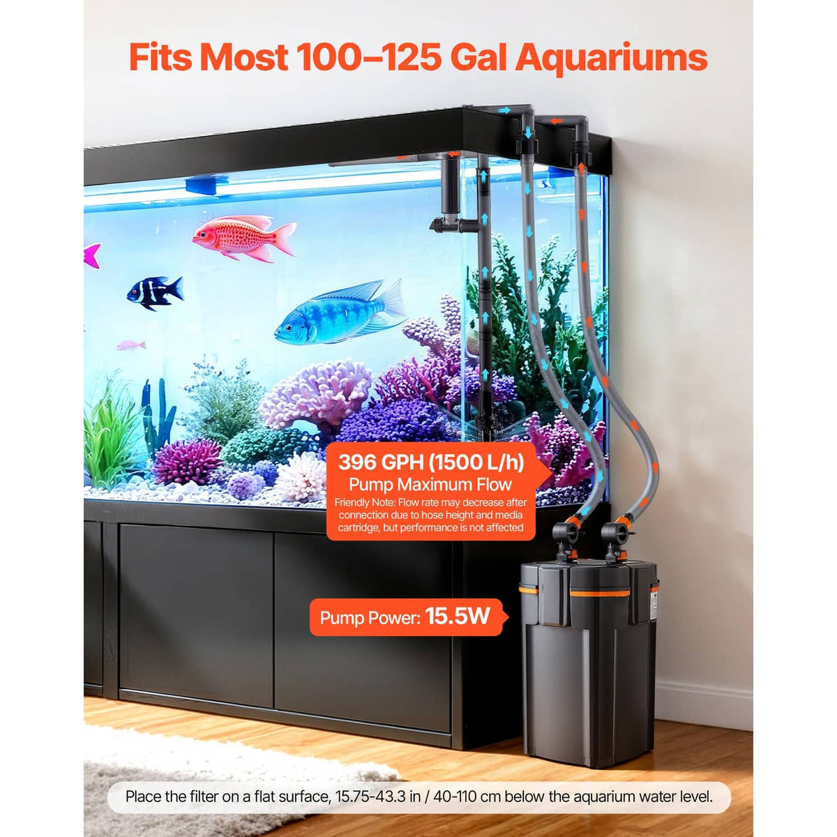 External aquarium filter canister with dual tubes and outlet ports beside a fish tank
