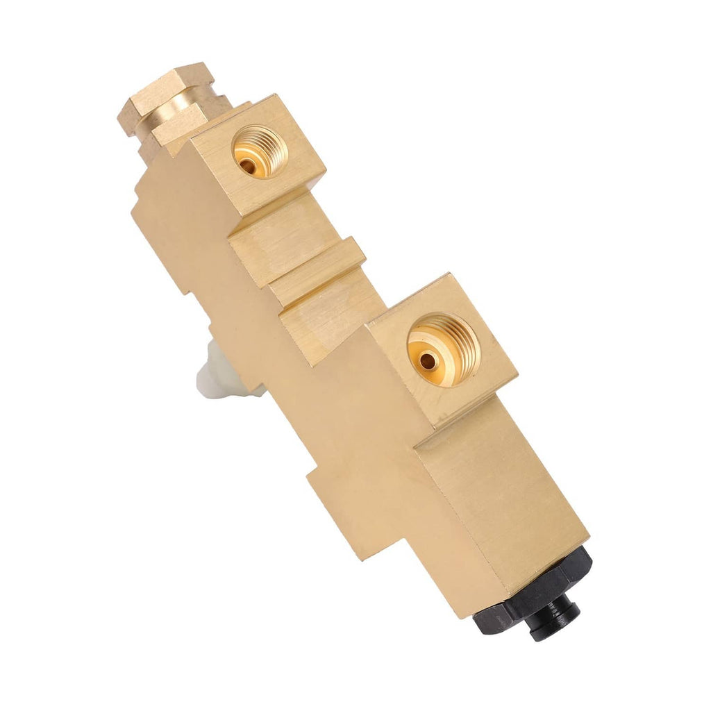 Brass proportioning valve with threaded ports, black end cap, and white plastic connector