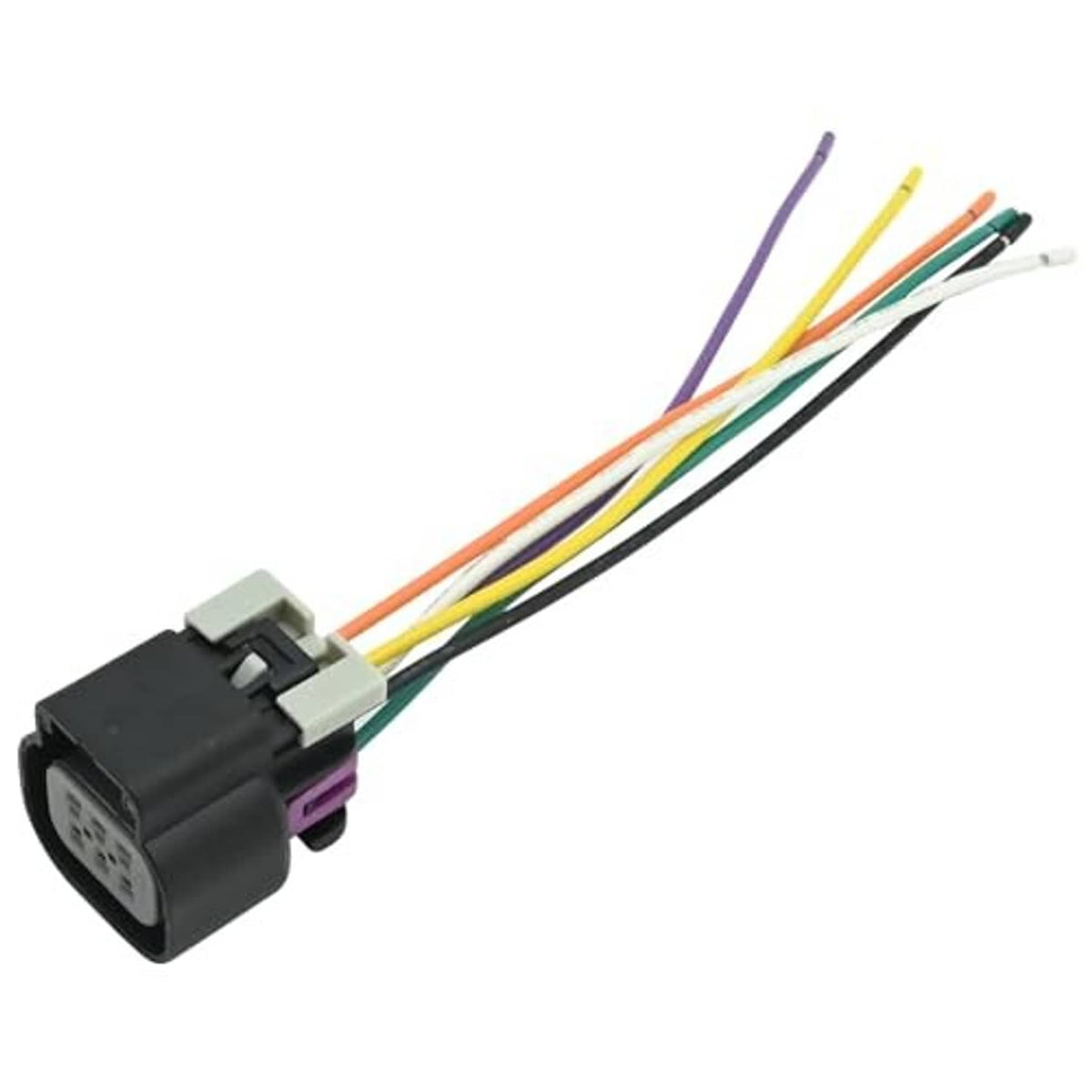 Throttle body connector plug with multicolor wires and 6-pin end, angled