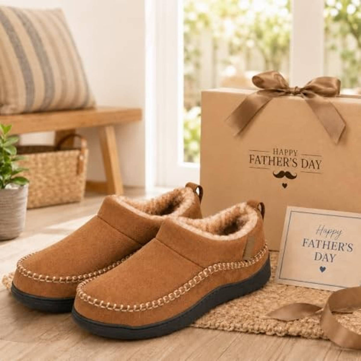 Pair of tan indoor moccasin slippers with faux-fur lining, stitched trim, and dark soles.
