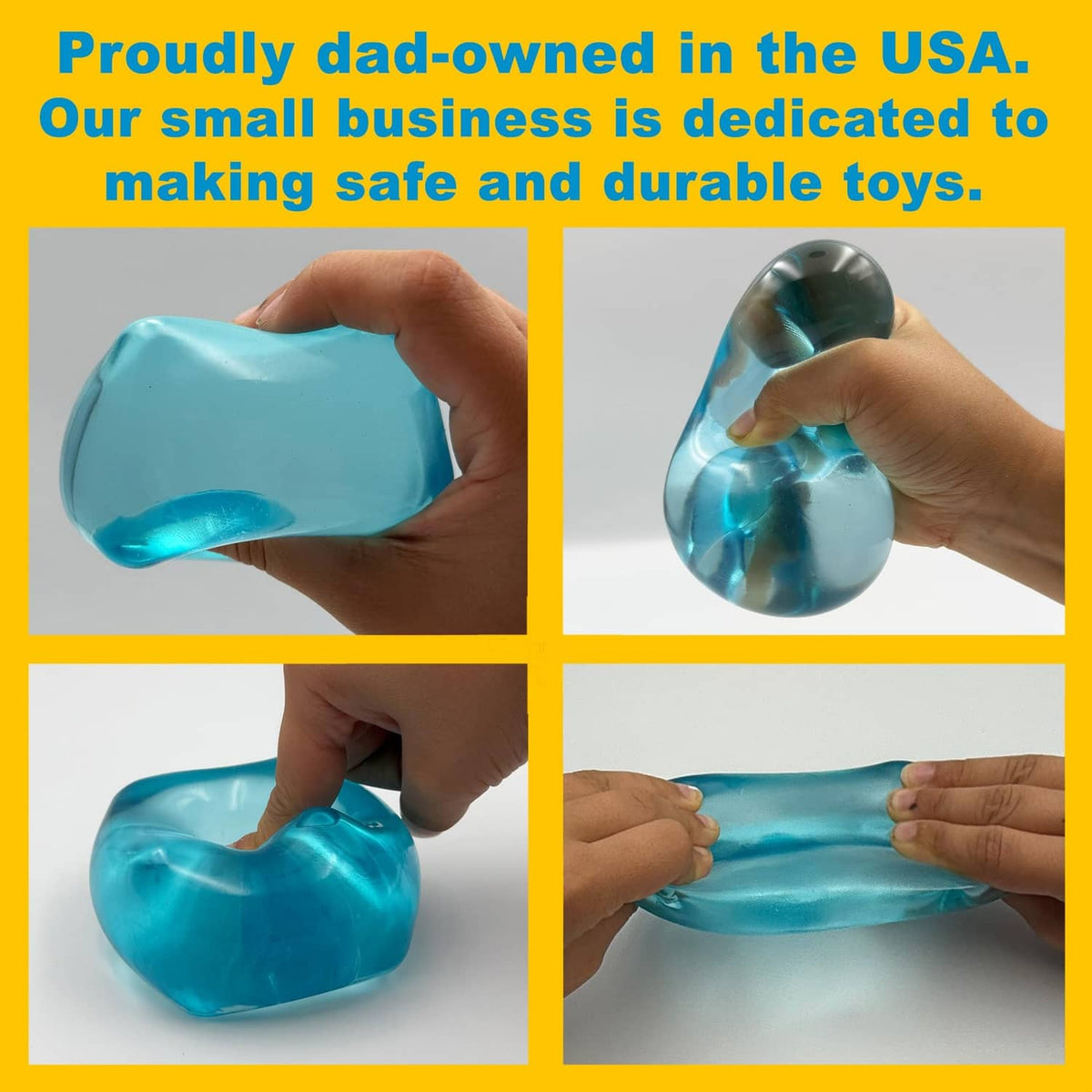 Blue stress cube fidget held in hands, glossy teal-blue texture.