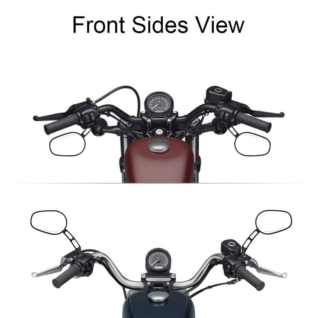 Black rear-view mirrors mounted on motorcycle front, oval housings on stems