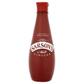 Malt vinegar bottle with red cap and front Sarson's label