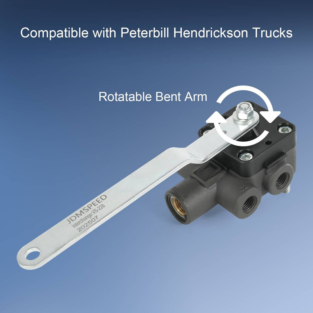 Rotatable leveling valve with bent metal arm and two threaded ports