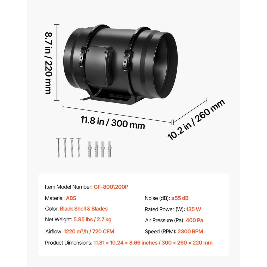 Inline duct fan dimensions diagram, black shell and blades with size measurements