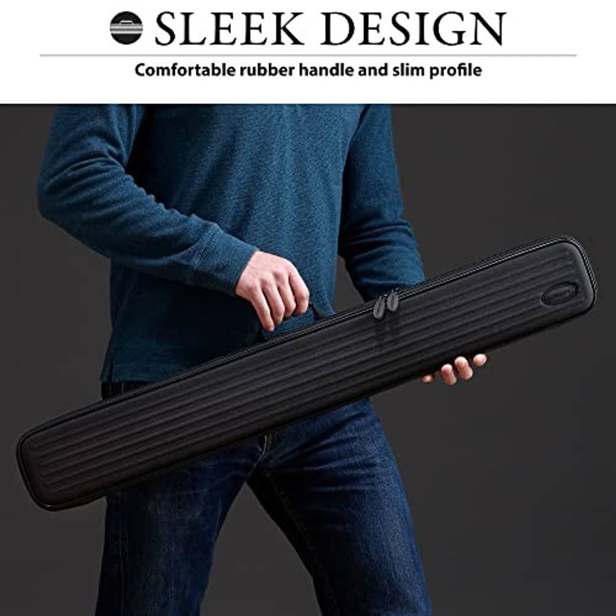 Black slim cue case with zip closure, carried by a hand using a rubber handle
