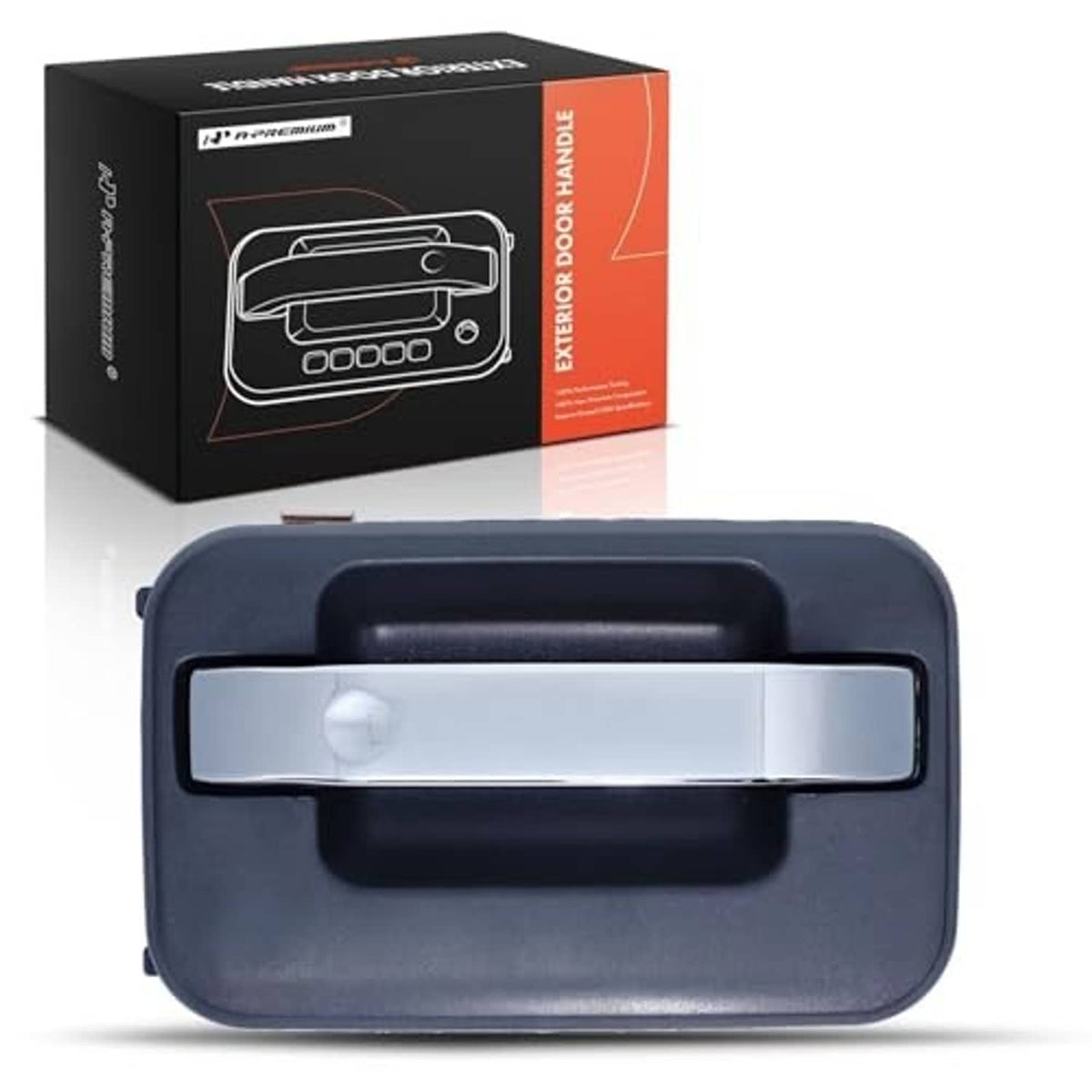 Exterior door handle with chrome lever and blue-gray ABS housing