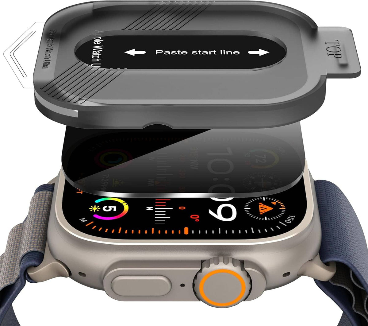 Smartwatch with privacy screen protector fitted, dark overlay with glossy edges visible