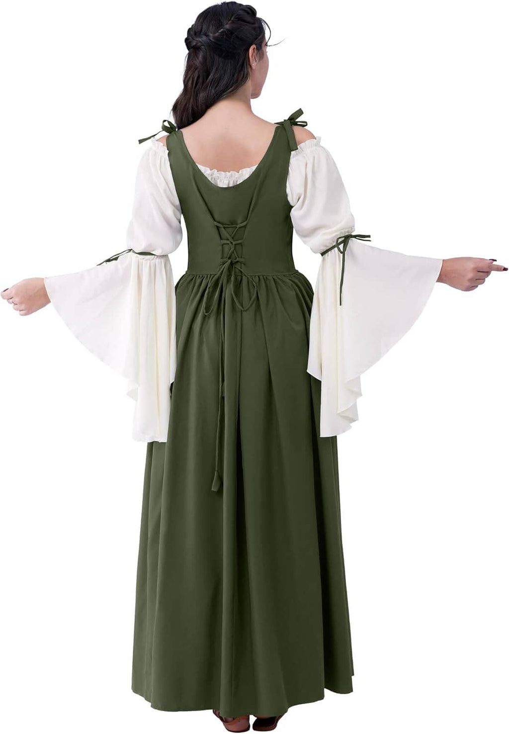 Women’s medieval corset dress, back view with dark green bodice, ribbon ties, and white sleeves