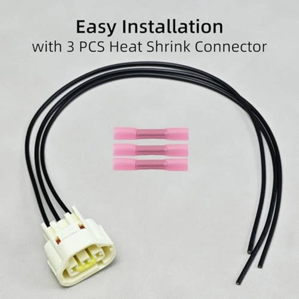TPS throttle position sensor connector pigtail with cream plug, black wires, and heat-shrink connectors