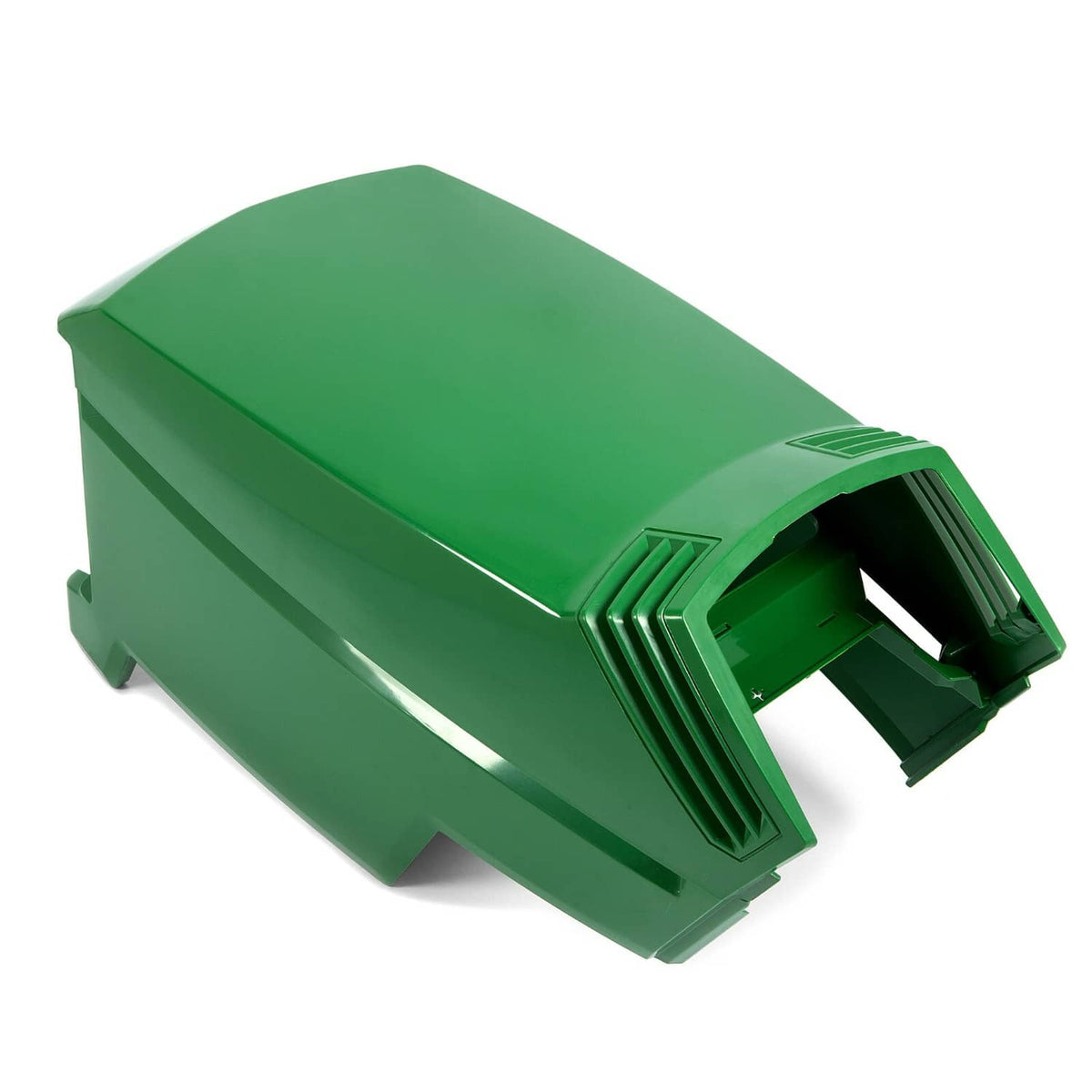 Green hood assembly with vented grille section and curved top profile.