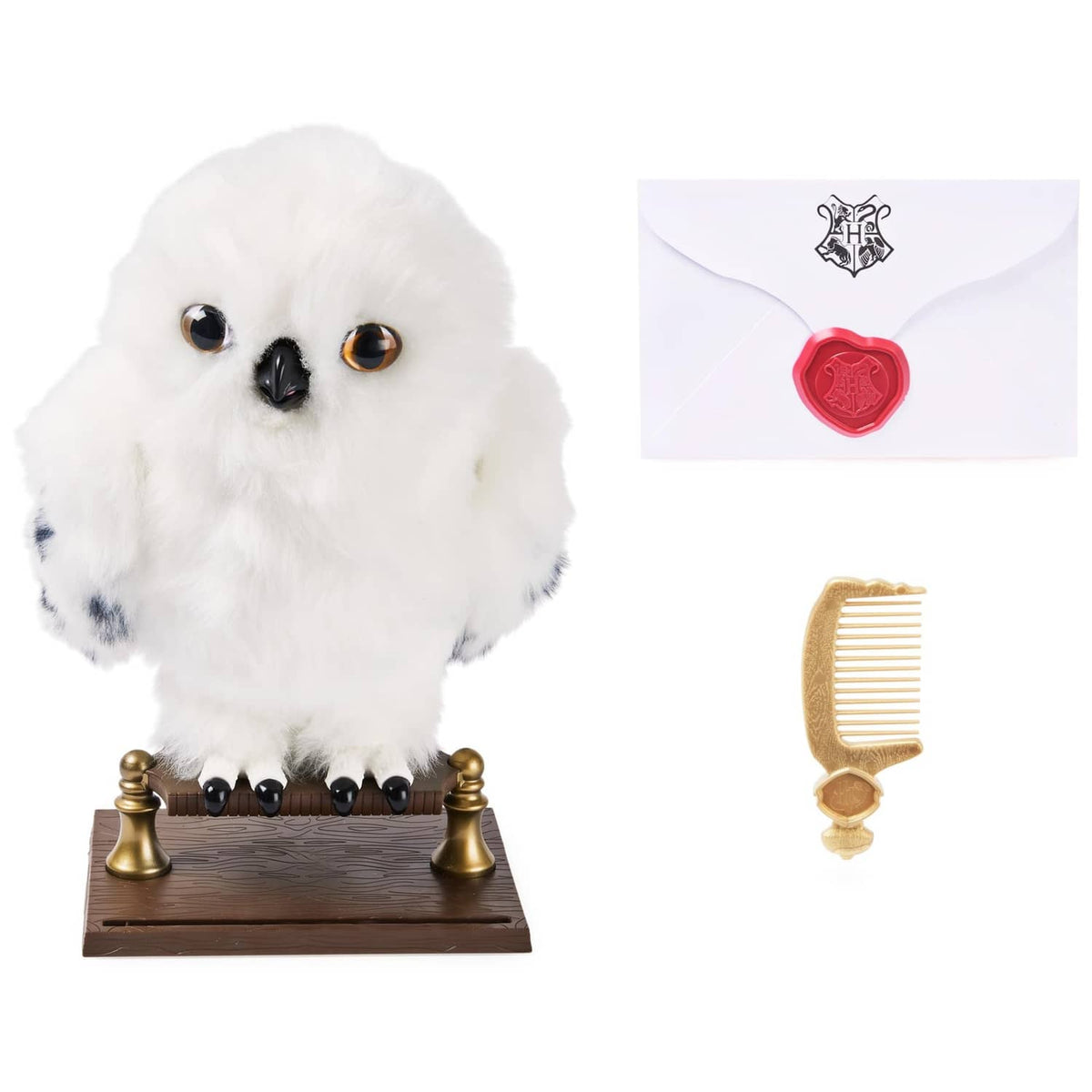 White owl plush with included envelope, red seal wax, and small comb accessory.