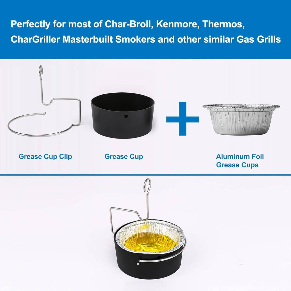 Grease cup clip, black grease cup, and aluminum foil grease cup liners set