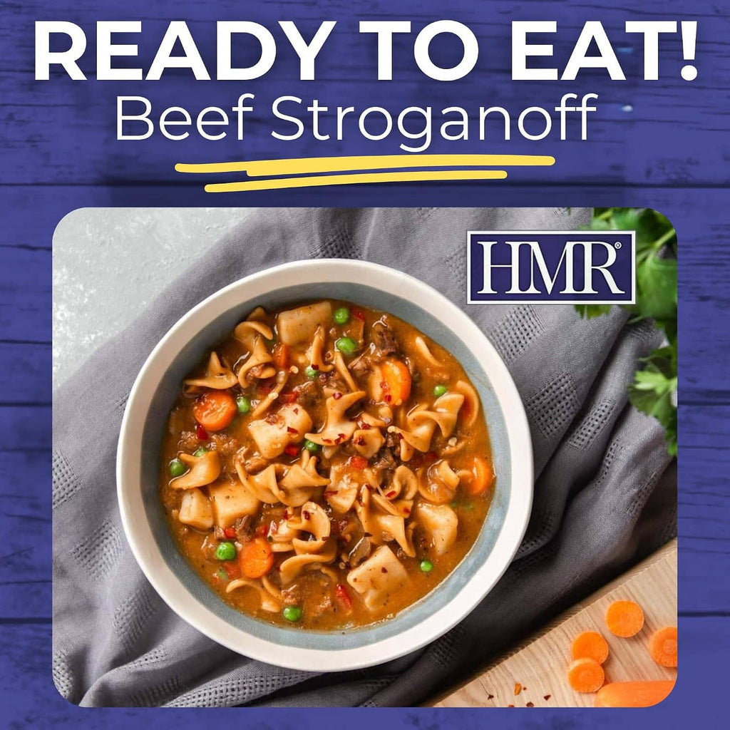 Beef stroganoff with noodles bowl shown in a ready-to-eat meal container