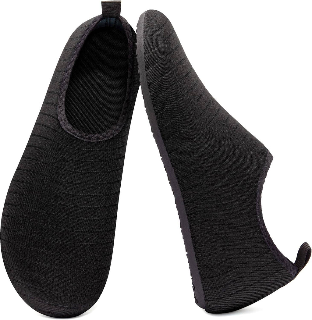 Dark fabric water shoes, slip-on barefoot sock style with textured grip sole