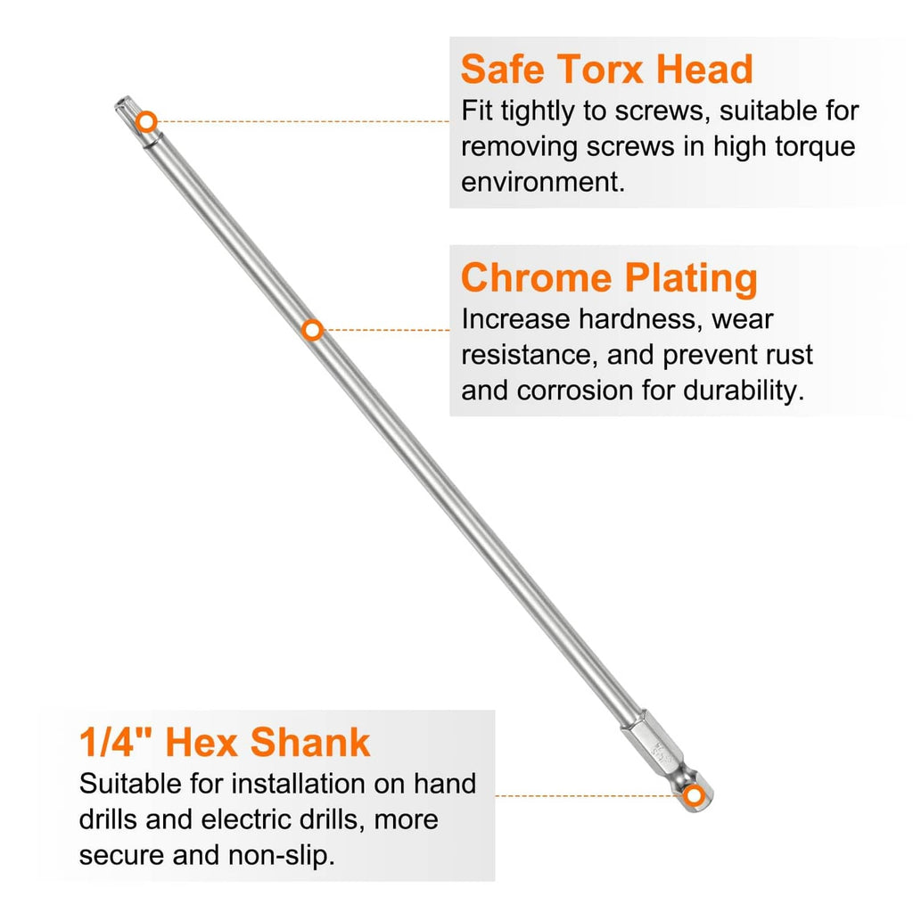Chrome-finish security Torx T25 bit with 1/4-inch hex shank and tapered tip