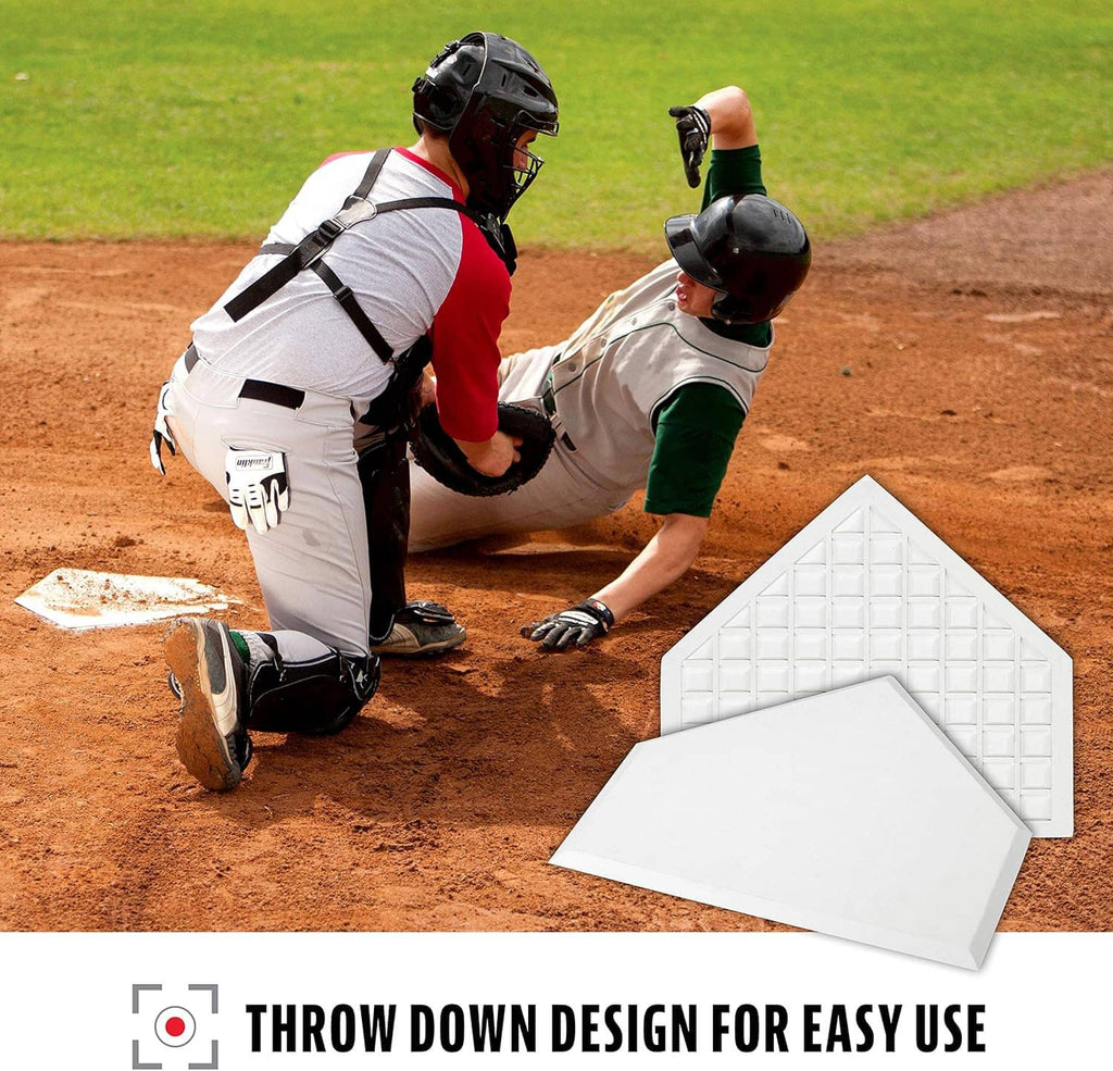 White rubber home plate at baseball field corner during practice throw-down use.