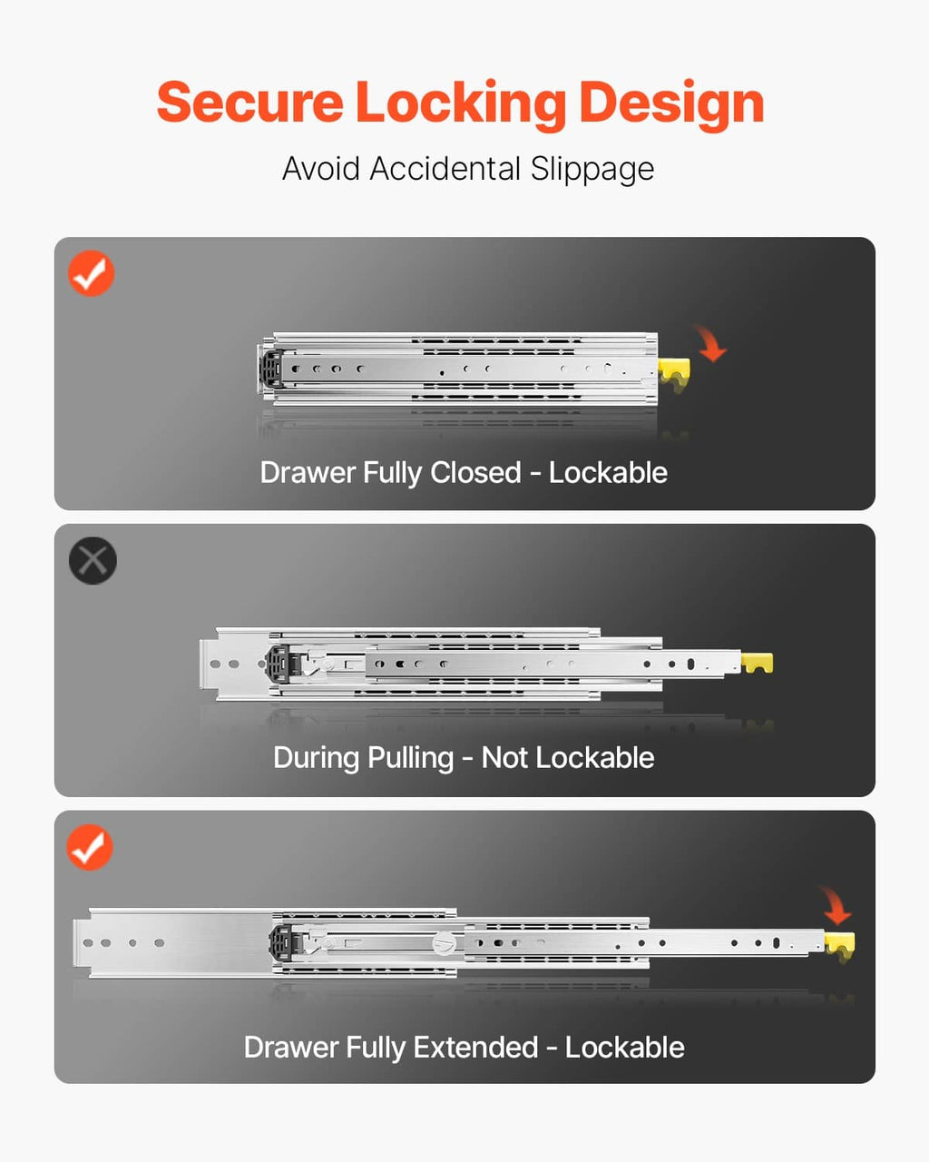 Locking full-extension drawer slide system prevents accidental slip when closed or extended