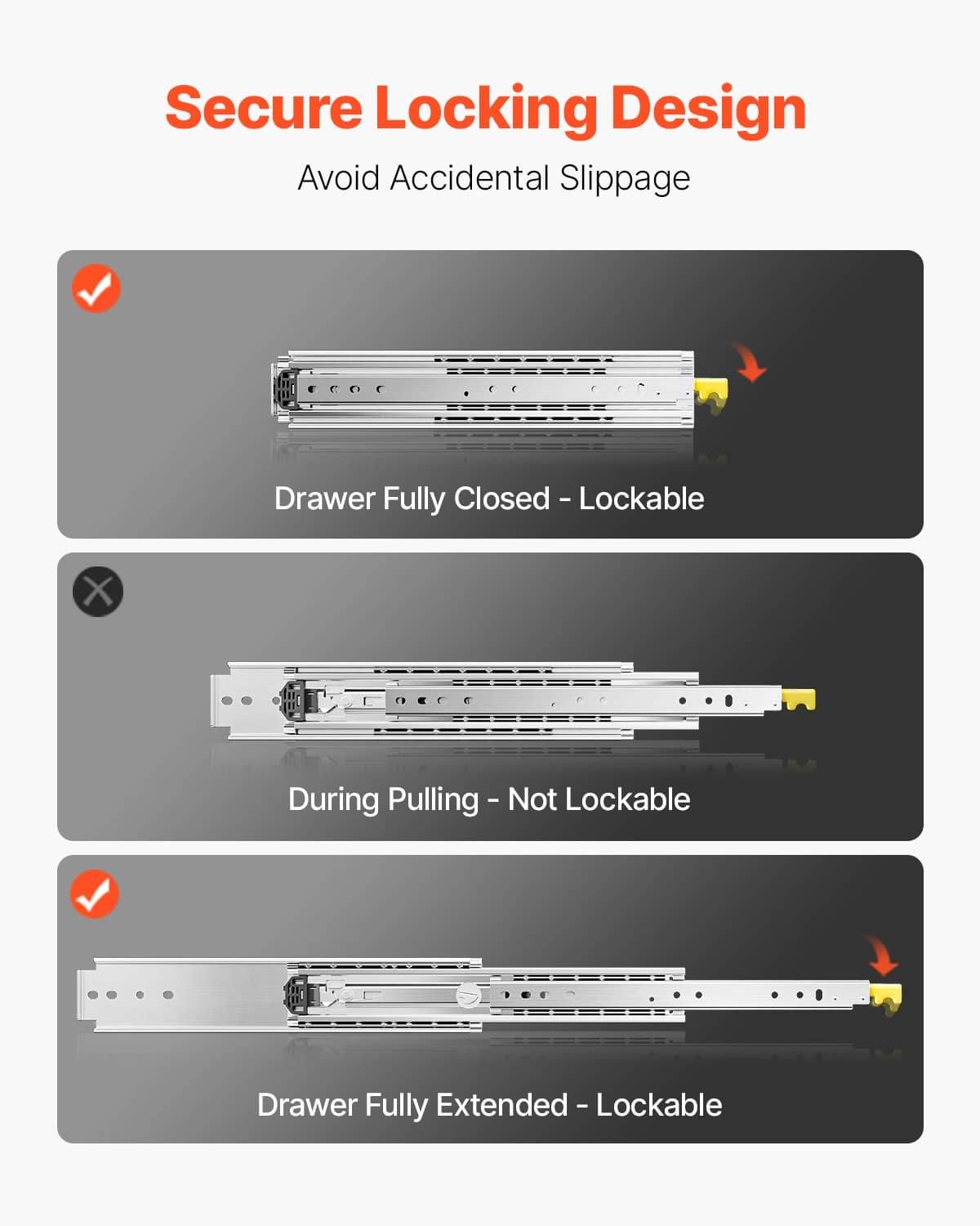 Locking full-extension drawer slide system prevents accidental slip when closed or extended
