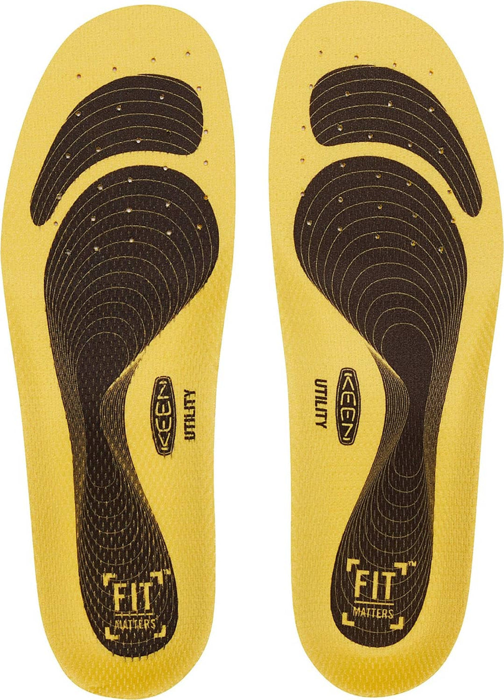 Yellow insoles with Fit markings and black textured support under the arch