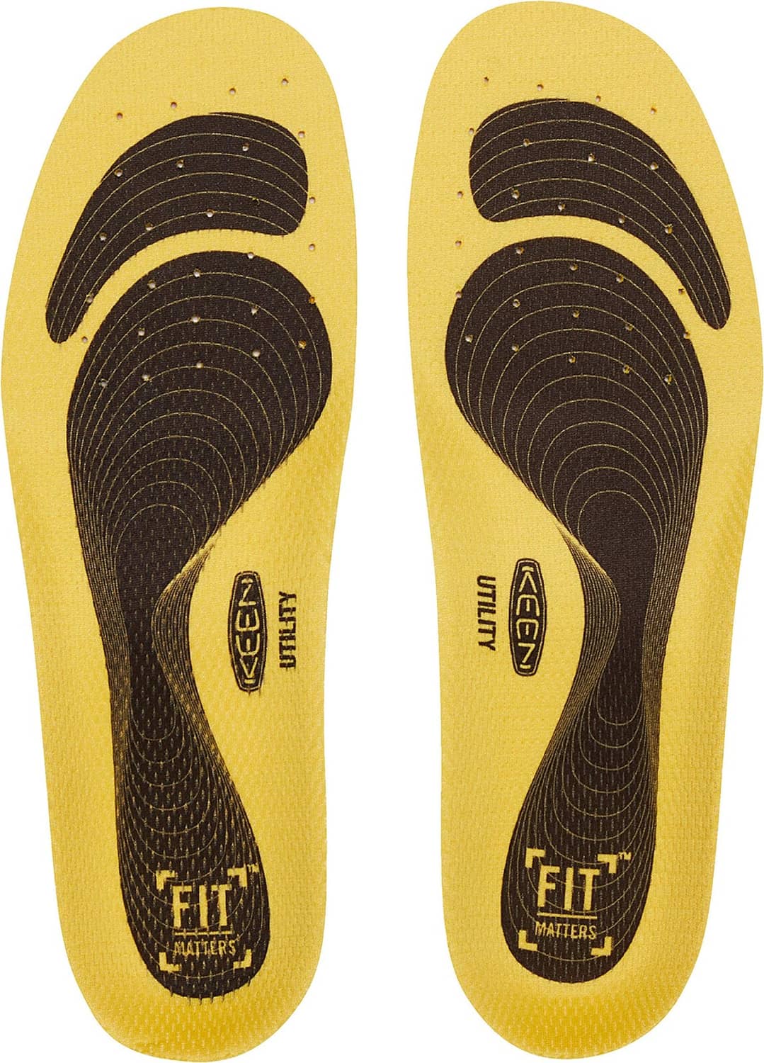 Yellow insoles with Fit markings and black textured support under the arch