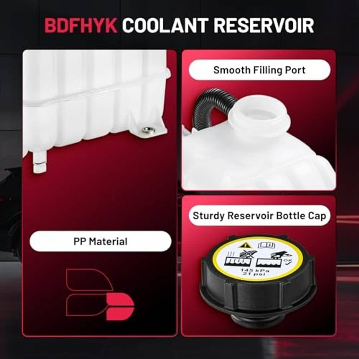 Coolant reservoir bottle with smooth filling port and sturdy black cap