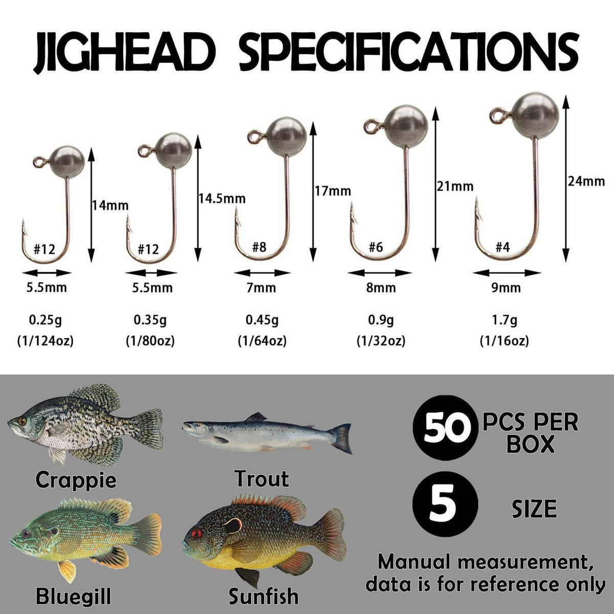 Silver jighead hooks kit with multiple weight sizes