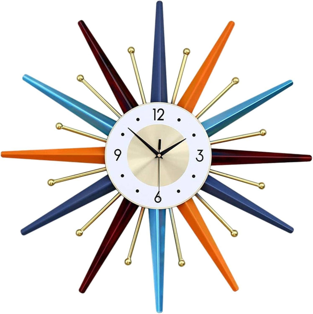 Modern starburst wall clock with multicolor rays, white dial, and gold accents.