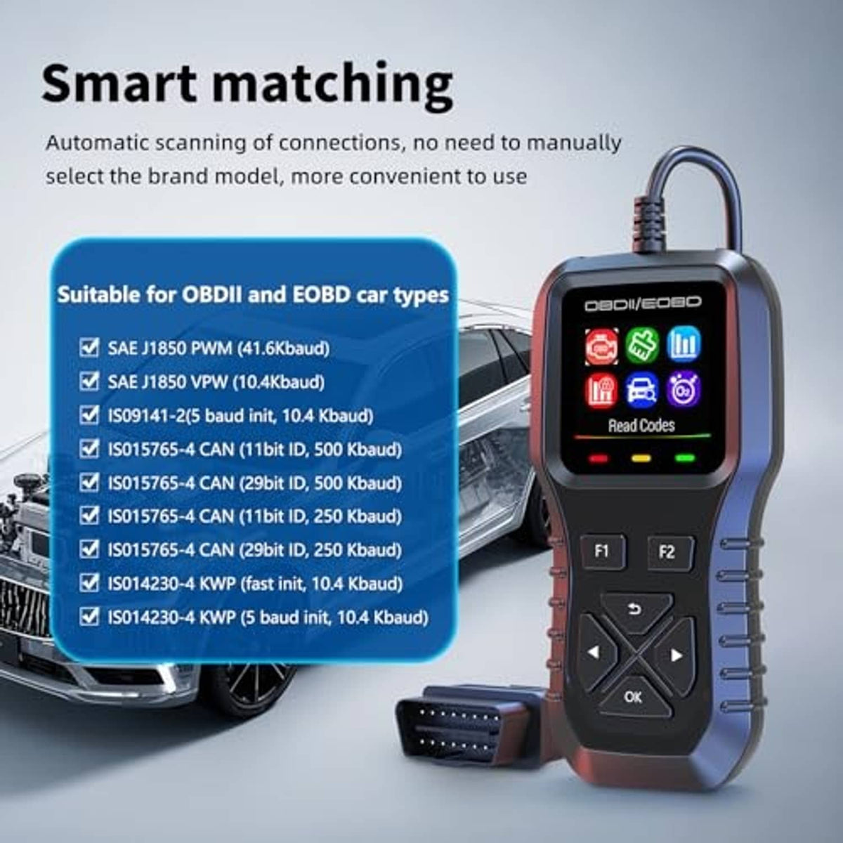wiiyii K1 OBD2 scanner with OBD connector cable and menu buttons