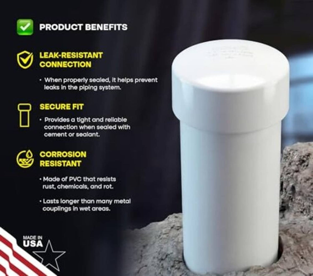 White PVC DWV hub end cap, corrosion-resistant fitting with secure connection