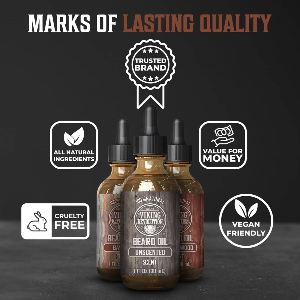 Beard oil 3-pack with center unscented bottle, amber glass and black dropper caps