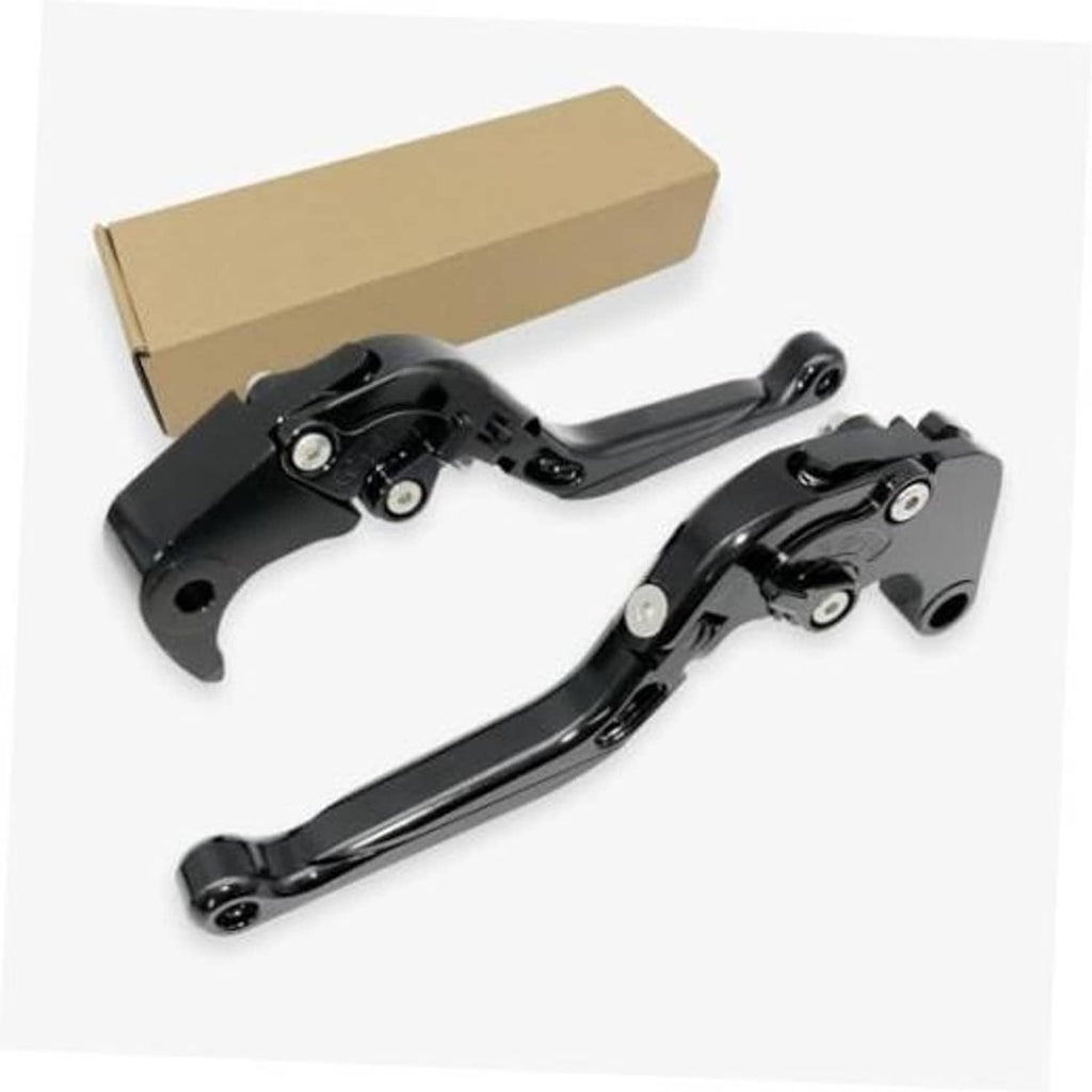 Black folding extendable motorcycle brake and clutch levers set, with mounting hardware